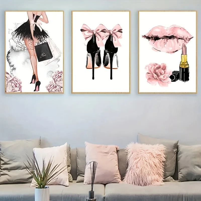 3-Piece Fashion Girl Canvas Wall Art Set | Frameless Living Room