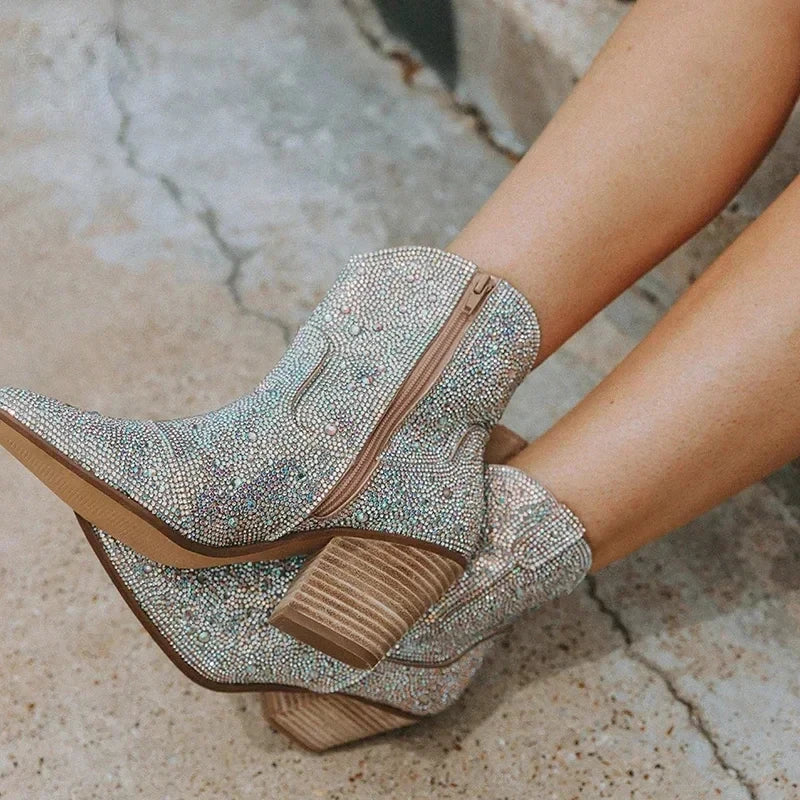 Women's Glitter Cowboy Ankle Boots – Sequin Western High Heel