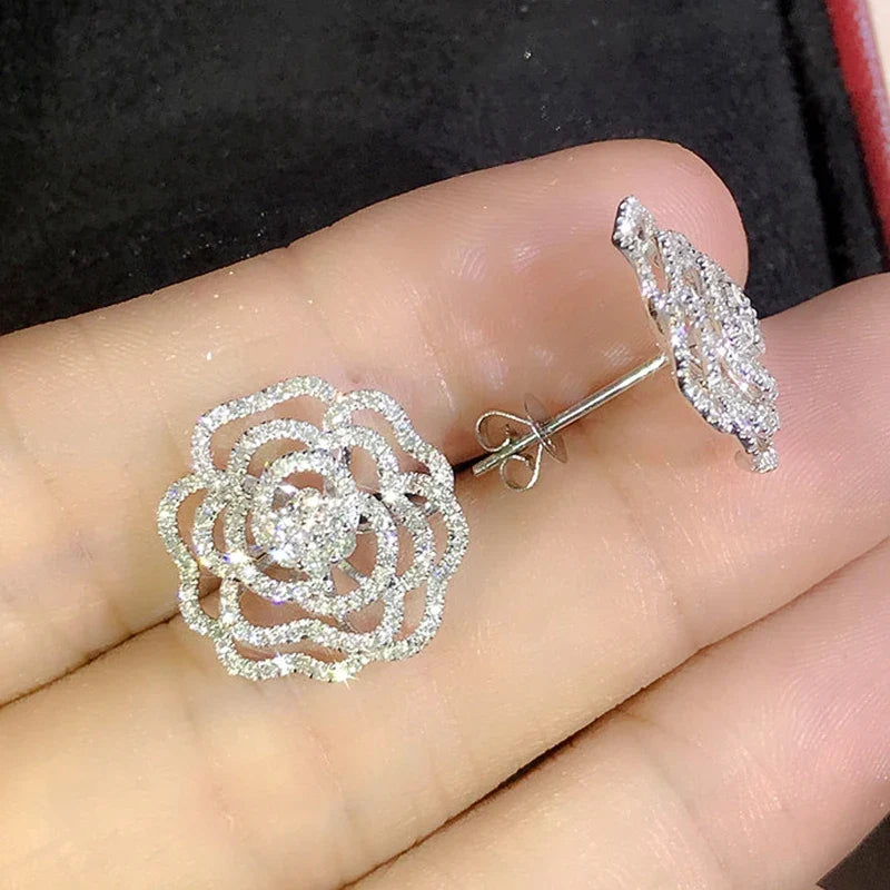 Huitan Camellia Flower CZ Crystal Stud Earrings – Silver