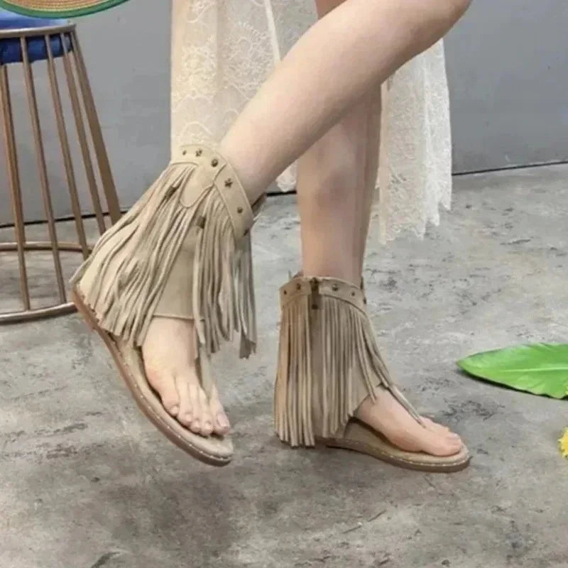 Women's Gladiator Sandal Boots | Tassel Flat Roman Toe Clip
