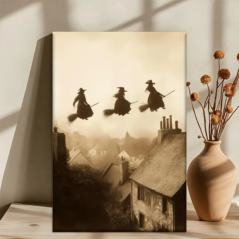 Retro Witch Flying Over Village Canvas Art Print | Unframed Wall Art