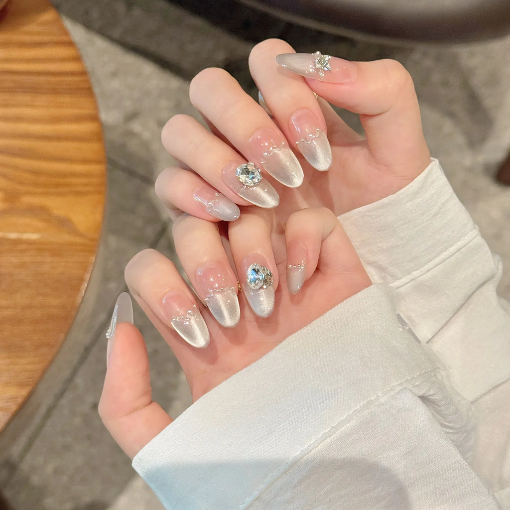 Handmade Press-On Nails Aurora Blue French Pearl Crystal Almond