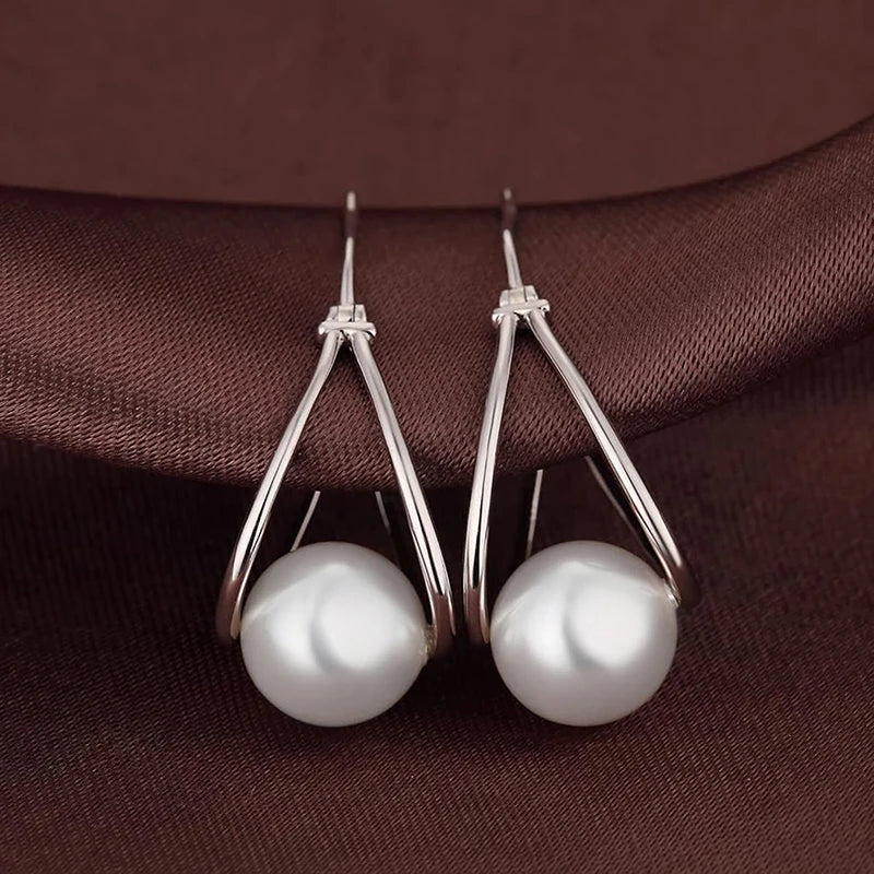 Huitan Imitation Pearl Hoop Earrings for Women – Silver