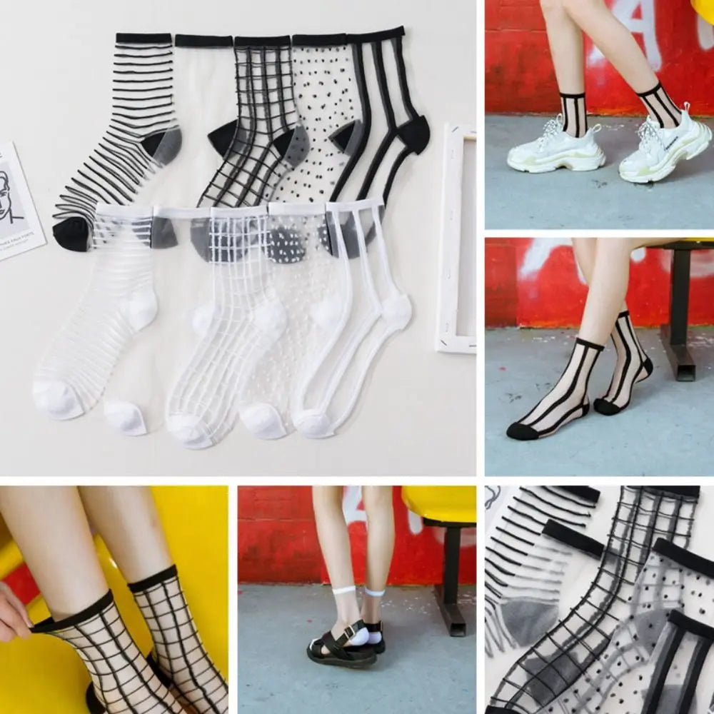 Women's Sheer Crystal Silk Ankle Socks | Ultrathin Lace Mesh