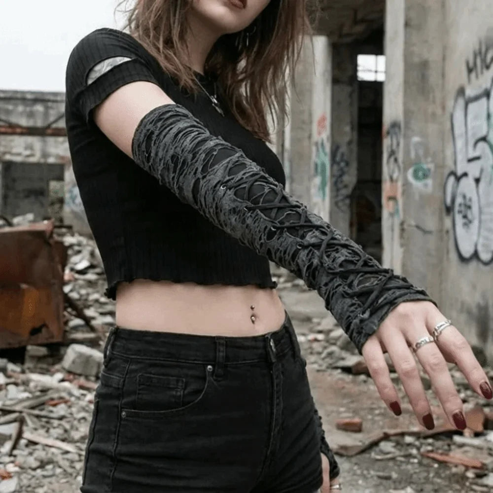 Punk Fingerless Arm Warmers – Hollow Knit Sleeves Unisex