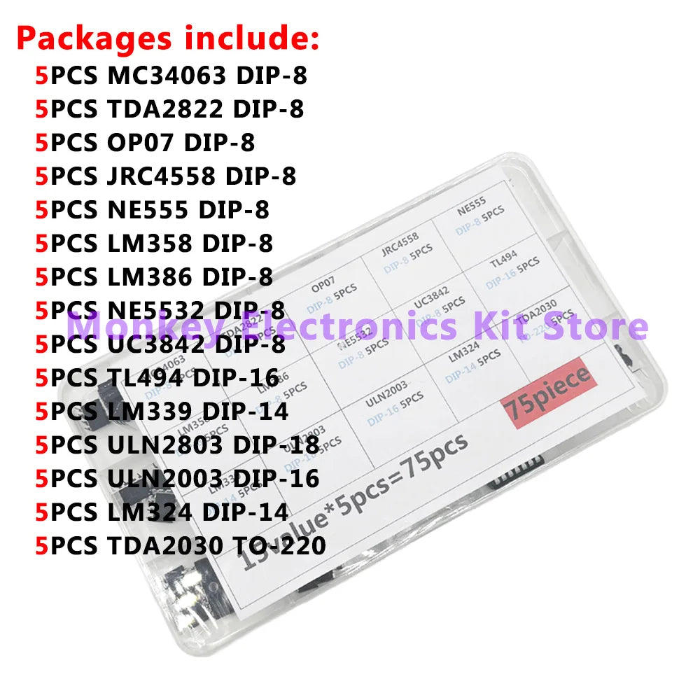75PCS 15-Value DIP IC Kit – NE555, LM358, LM386 & More