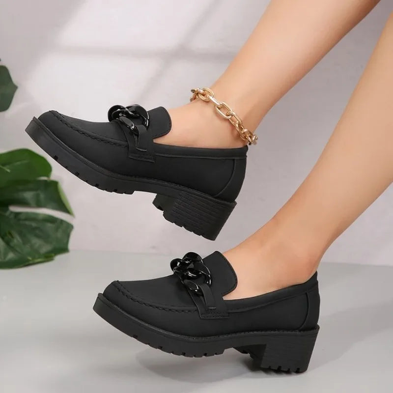 Women's Platform Loafers – Chunky Heel Slip-On Shoes & Metal Buckle