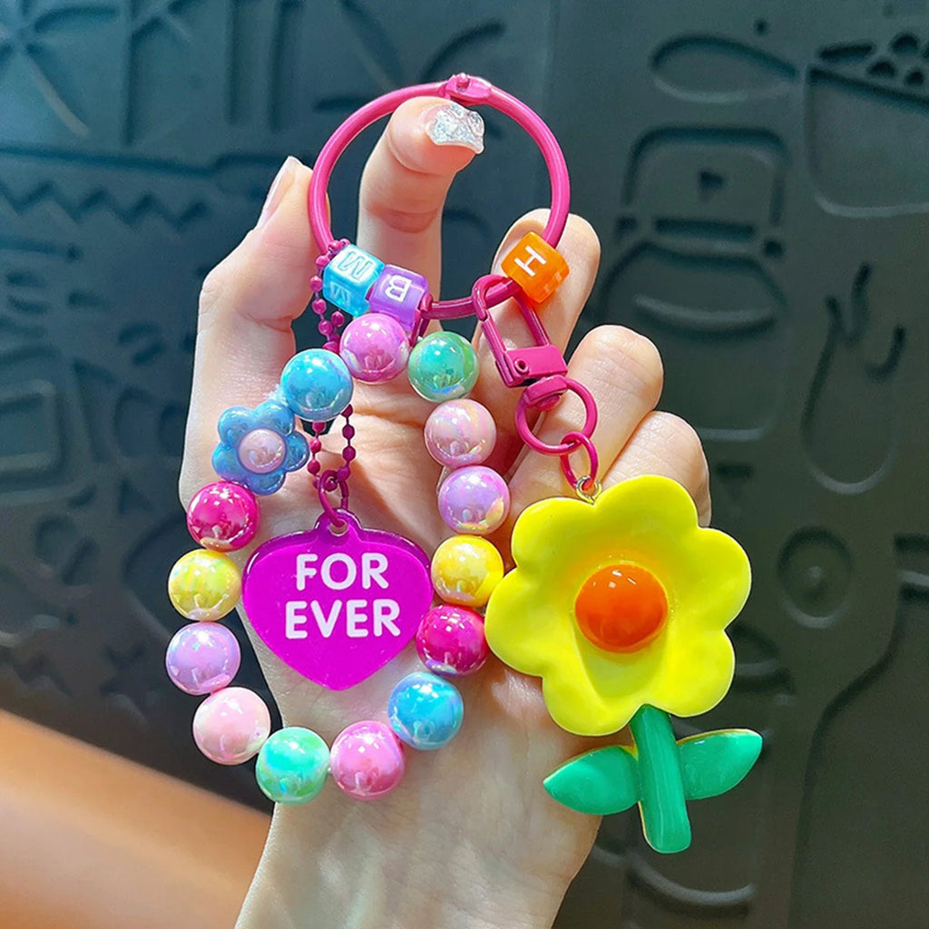 Handmade Beaded Keychain Wristlet Bracelet | Floral Bag Charm