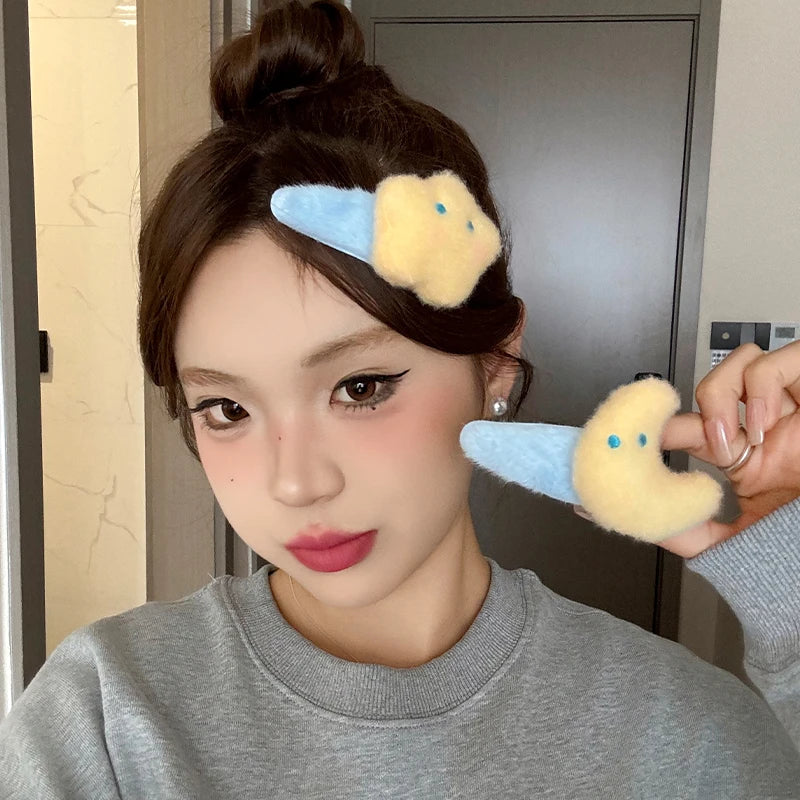 Cute Autumn Winter Plush Moon Star Hair Clip Womens Side Bangs