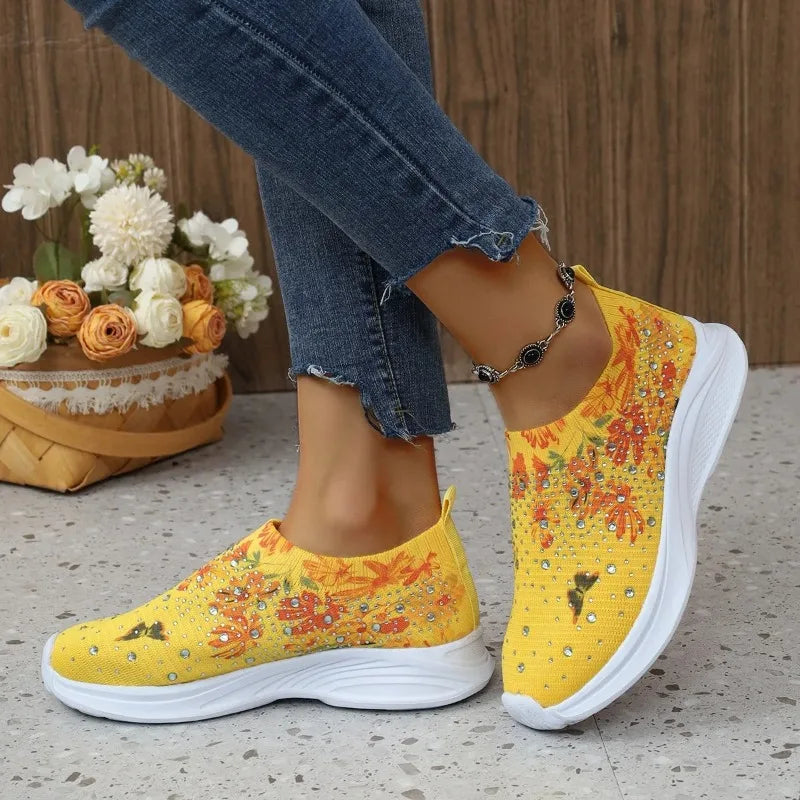 Flower Print Knitted Sneakers – Crystal Slip-On Women's Shoes