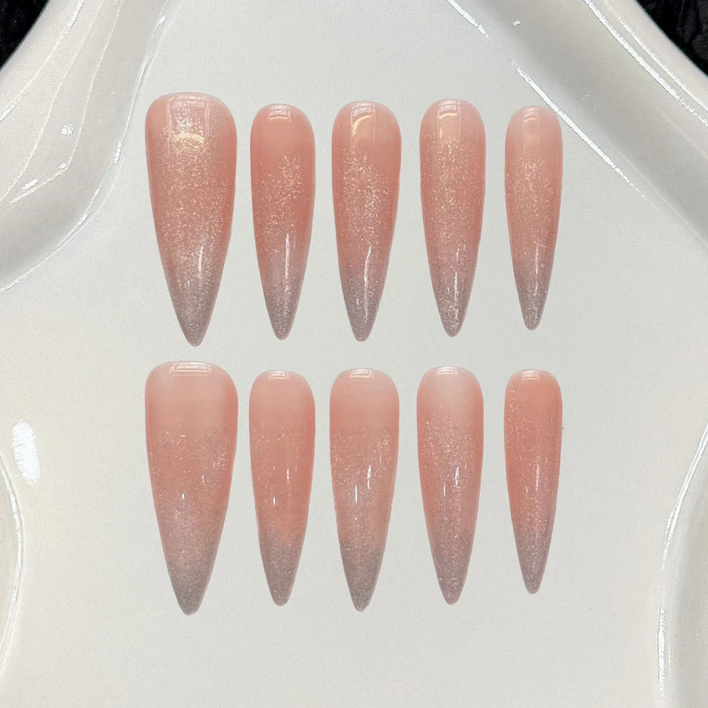 Handmade Press On Nails Long Almond Cat's Eye Blush Gradient