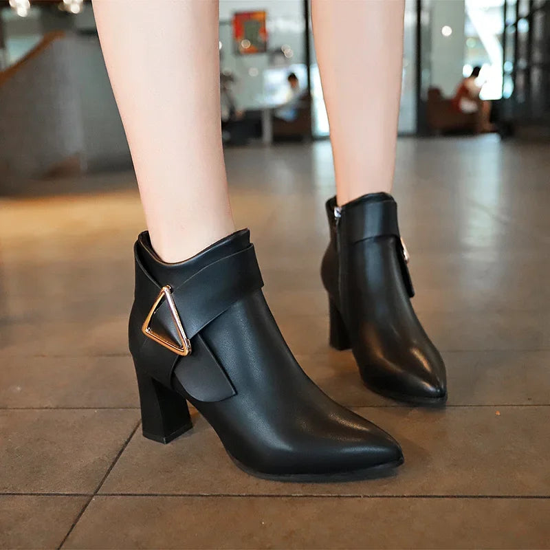 Women's PU Ankle Boots – Square Heel & Belt Buckle | Sizes 34–43