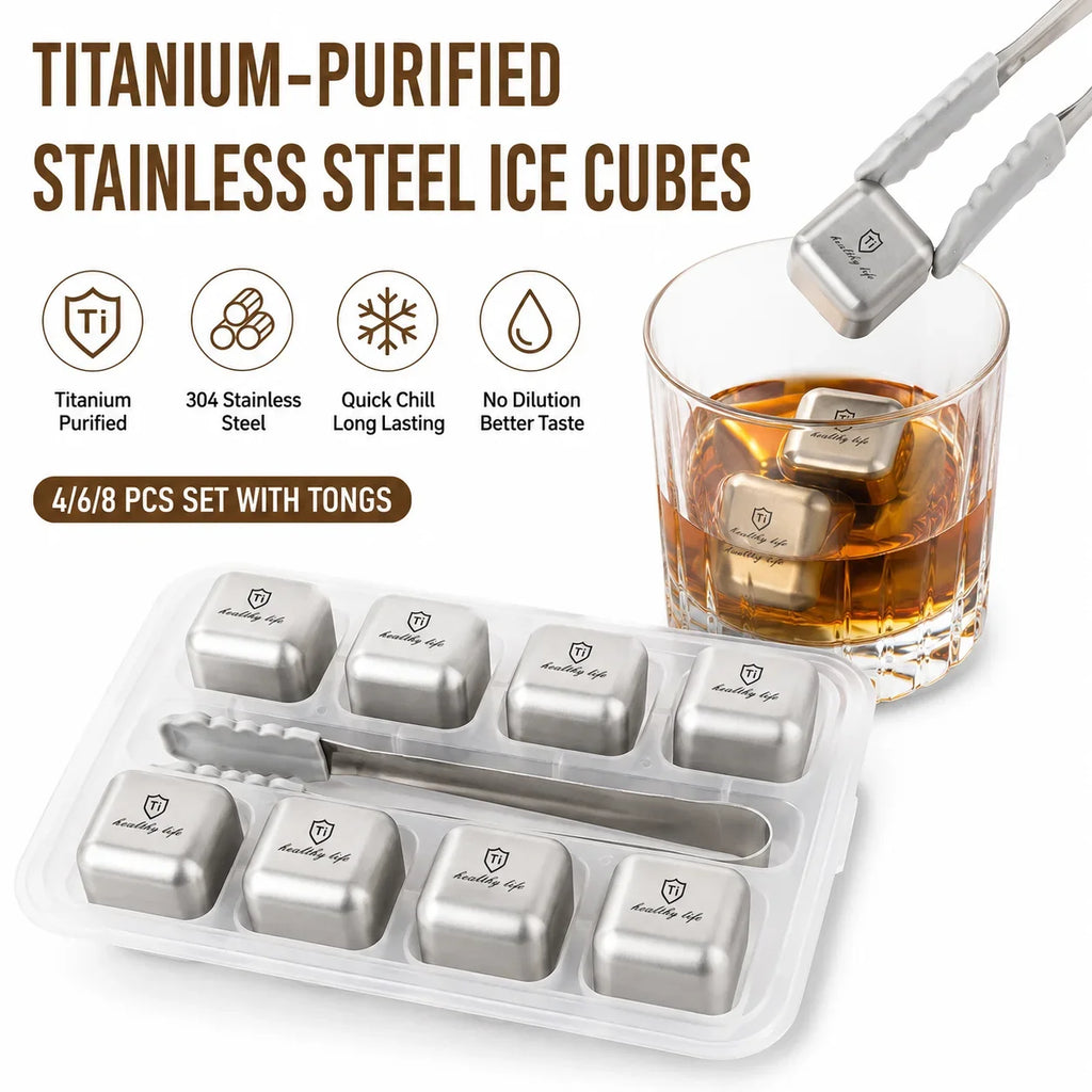 Titanium Stainless Steel Reusable Ice Cubes Set with Tongs
