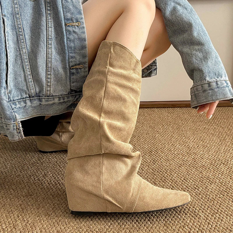 Women's Khaki Suede Mid-Calf Western Boots | Pointed Toe