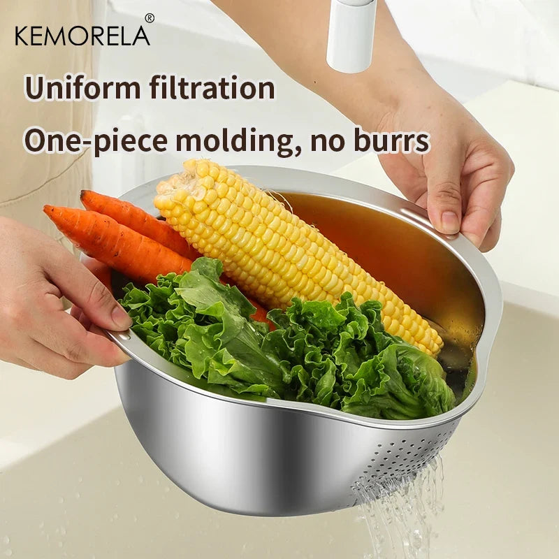 KEMORELA 3-in-1 Stainless Steel Rice Washer Bowl & Colander
