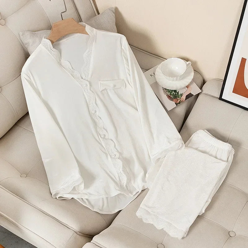 Women's Velvet Pajama Set – Long Sleeve Lace Trim Sleepwear