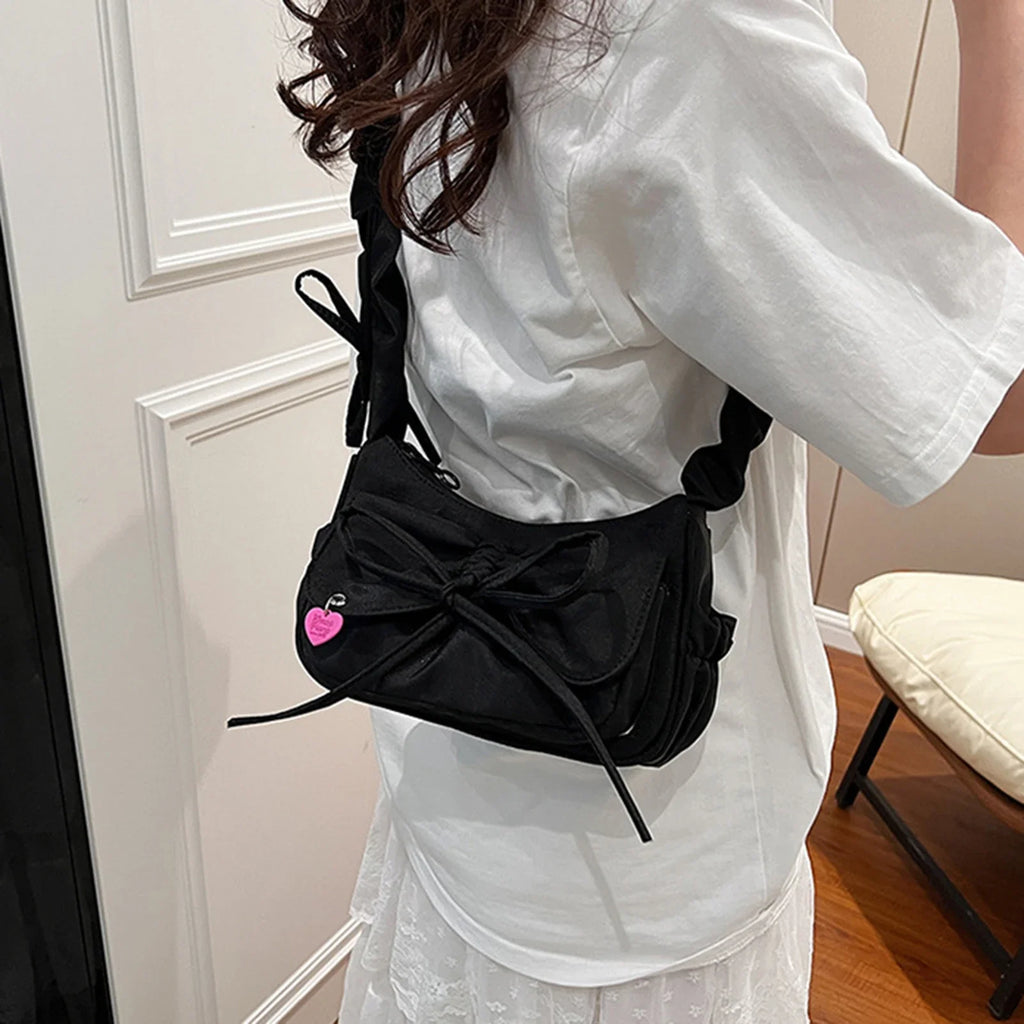 Black Bow Washed Denim Shoulder Bag | Korean Style Handbag