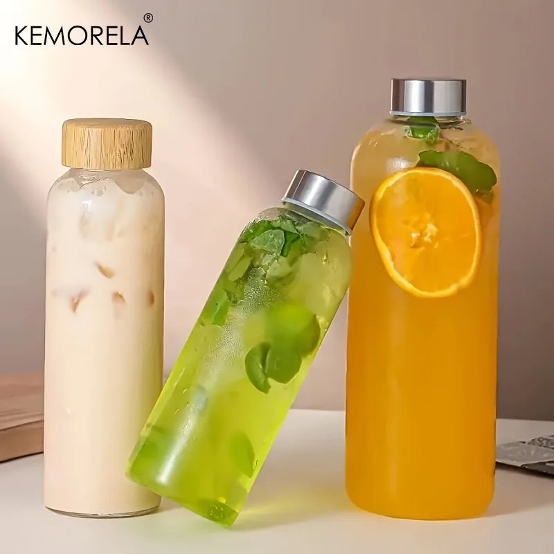 Glass Water Bottle Wooden Lid 500/750/1000ml + Cleaning Brush