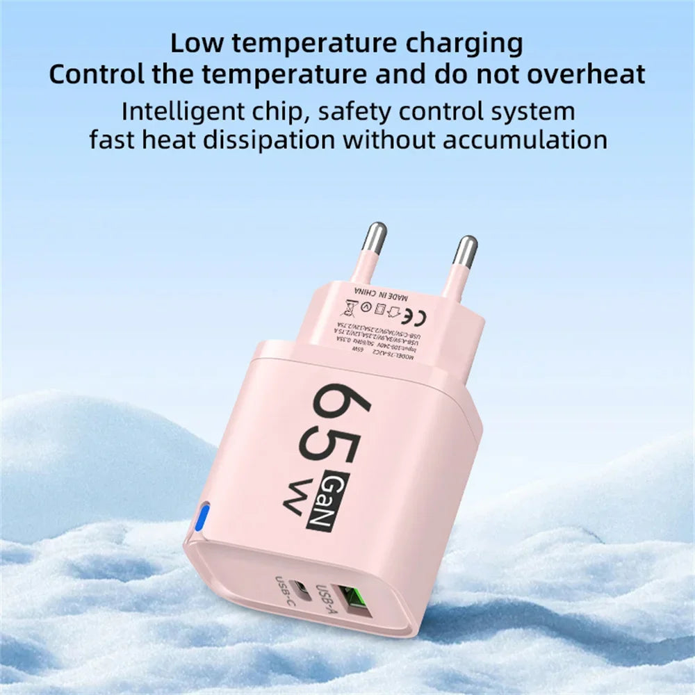 65W GaN 3-Port USB-C Fast Charger PD & QC 3.0 Adapter