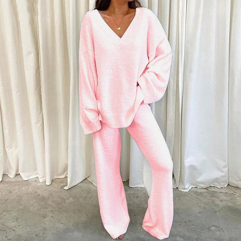 Women's Winter V-Neck Pajama Set – 2-Piece Sleepwear S–3XL