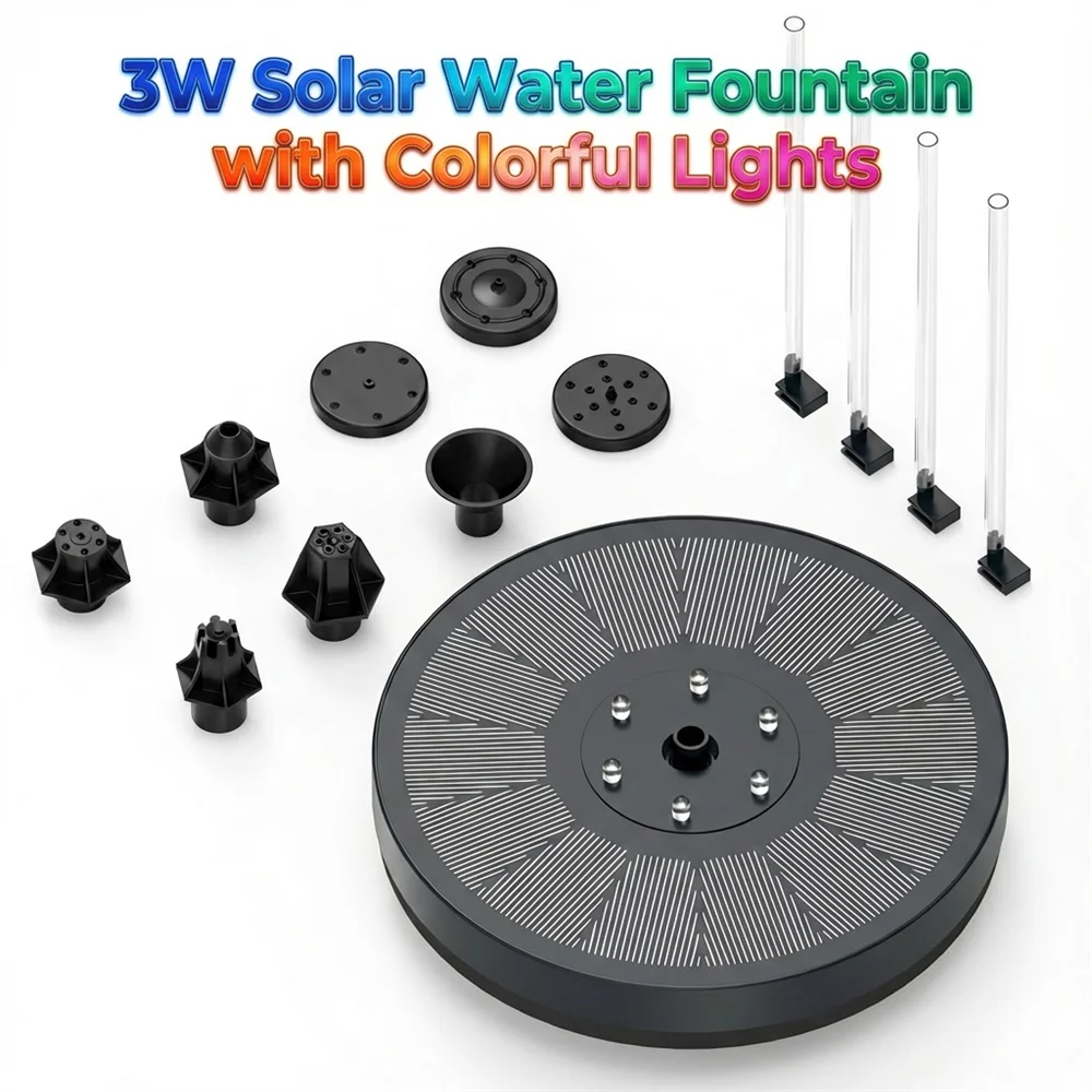 3W Solar Water Fountain – 7 Nozzles & RGB LED Lights