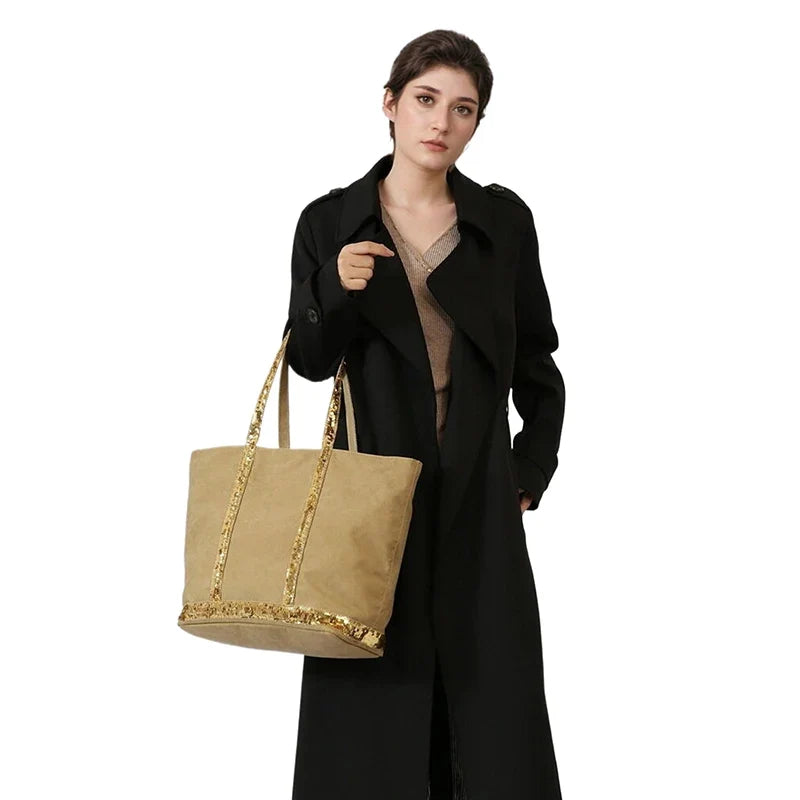 Vintage Canvas Sequin Tote Bag – Large Shoulder Bag for Women