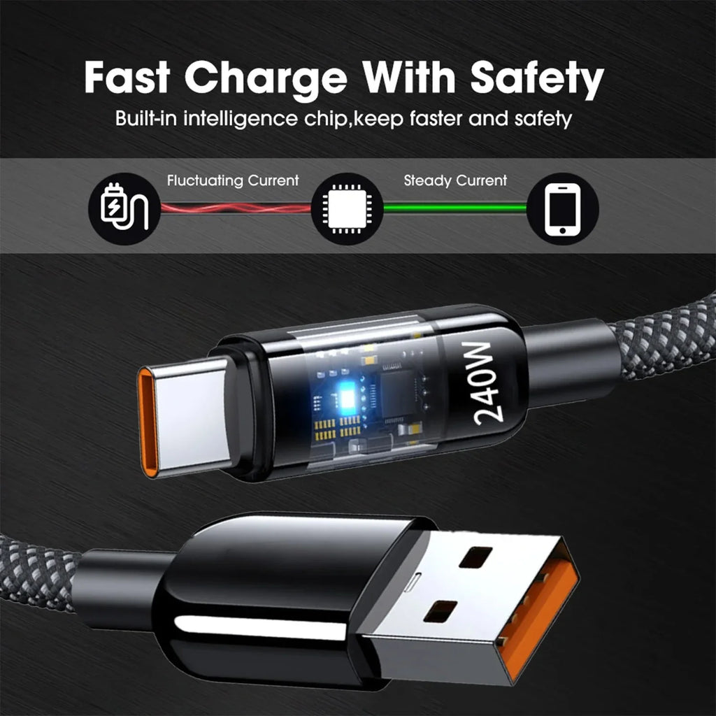 240W USB-C Fast Charging Cable | Nylon Braided Transparent