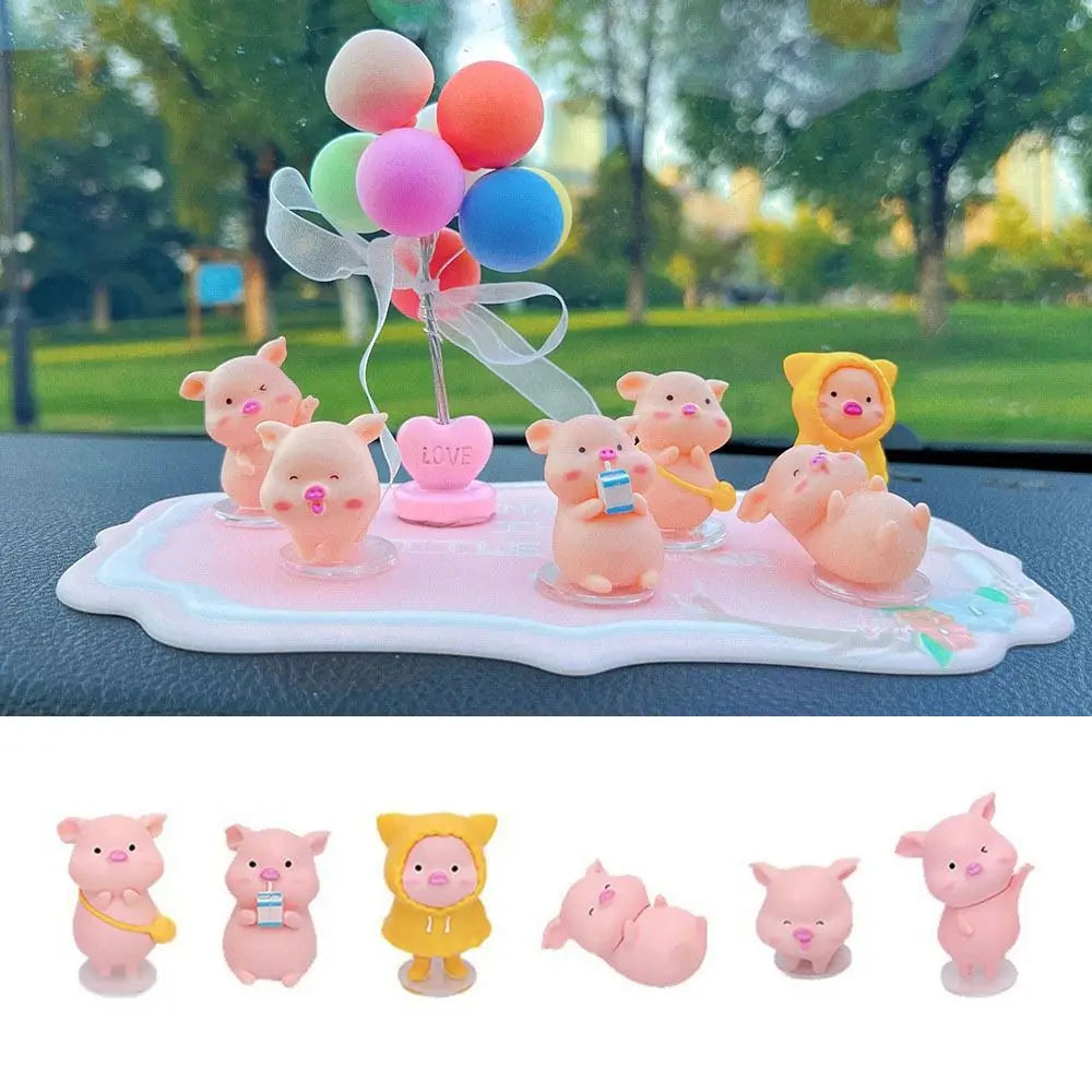 6-Piece Mini Flocked Piggy Car Dashboard Ornament Figures