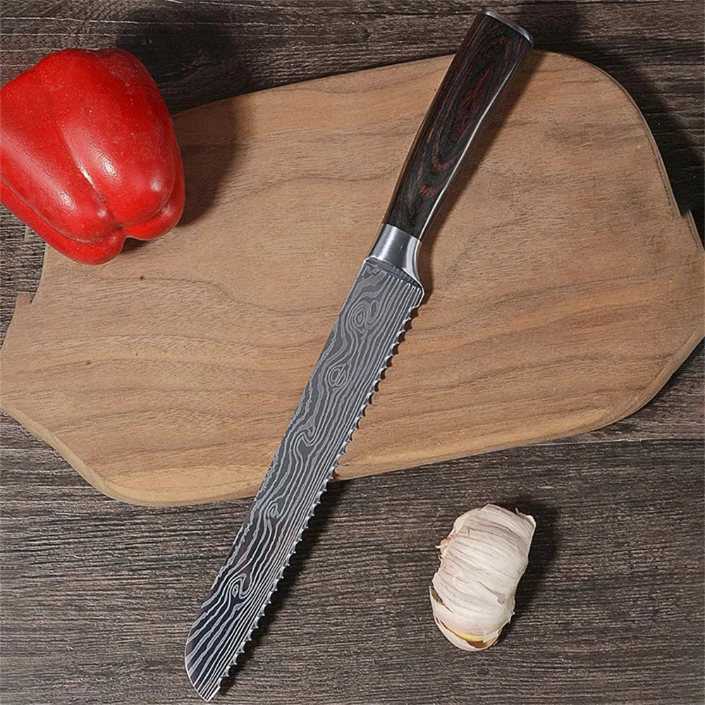 Damascus Serrated Bread Knife – Chef Slicing & Cheese Knife