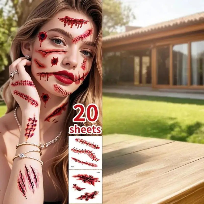 20 Sheets 3D Fake Scar Tattoos – Halloween Cosplay Body Stickers