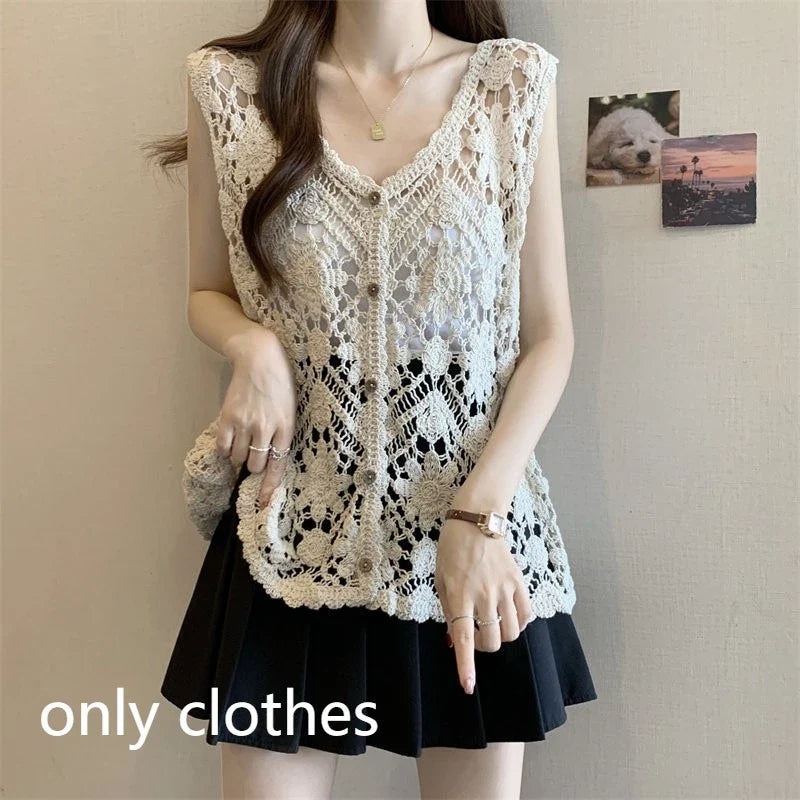 Open Knit Floral Crochet Vest – Boho Sleeveless Cardigan