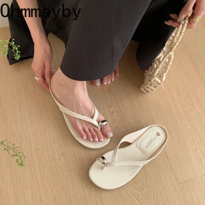 Women's Metal Clip Toe Slide Slippers | Square Heel Flip Flops