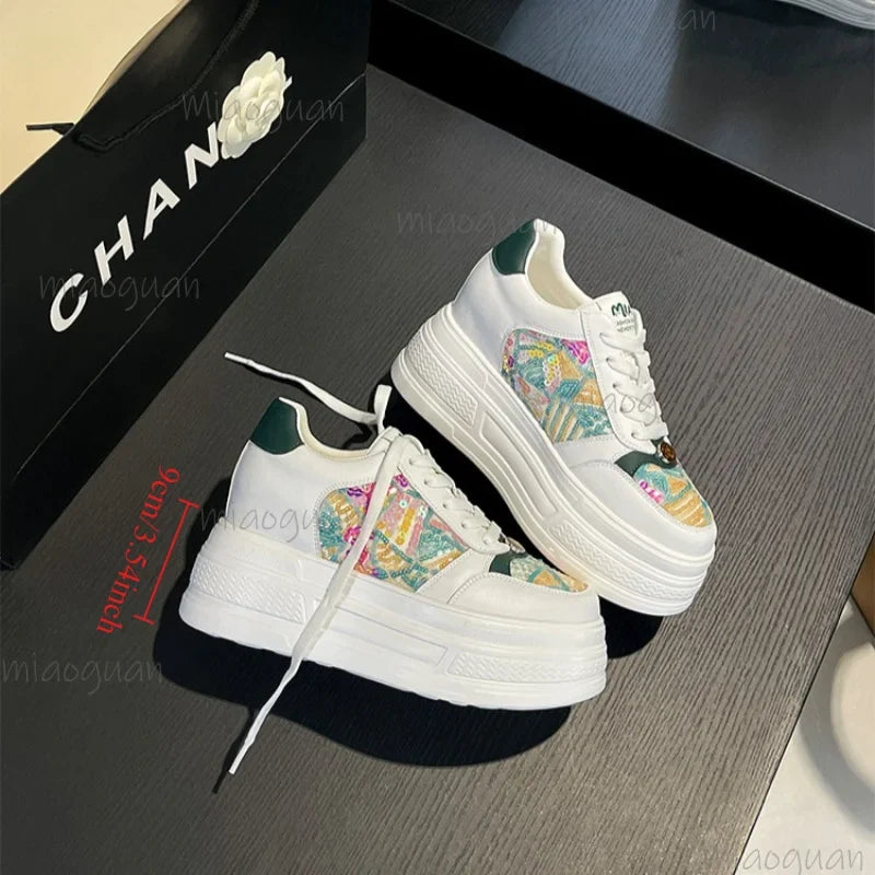 Women's Crystal Chunky Platform Sneakers – Thick Sole Lace-Up