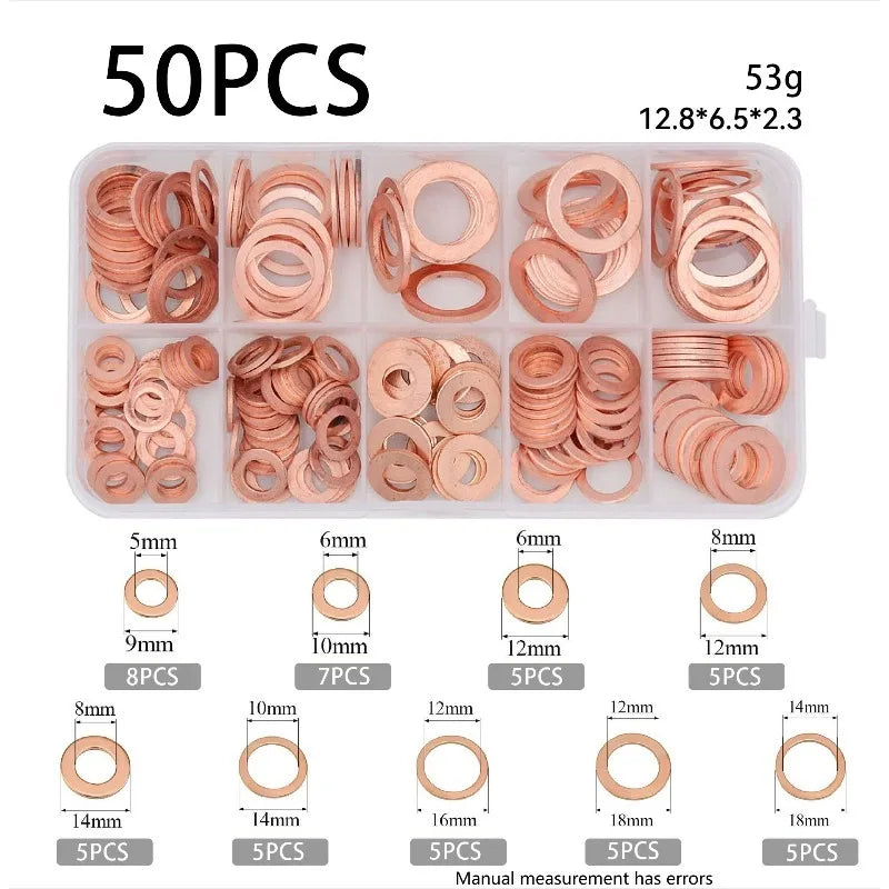 Copper Washer Gasket Kit 50–120 Pcs | M4–M14 Flat Ring Seals