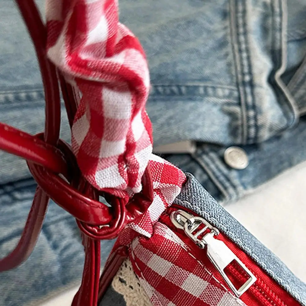 Y2K Checkered Lace Bowknot Shoulder Crossbody Bag for Women