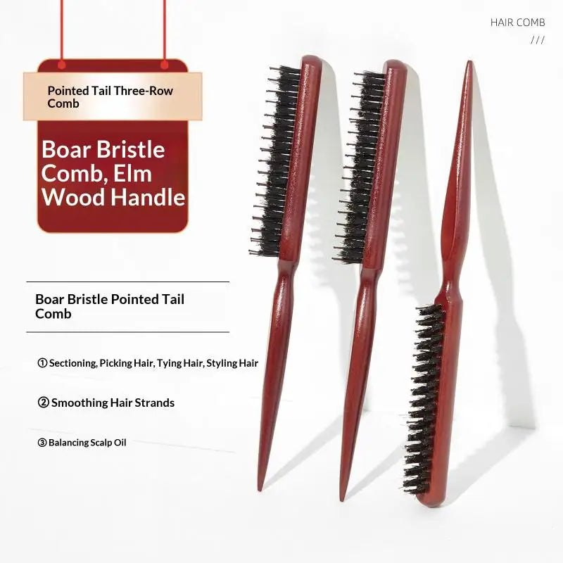 Wooden Handle 3-Row Boar Bristle Teasing Comb | Hair Styling