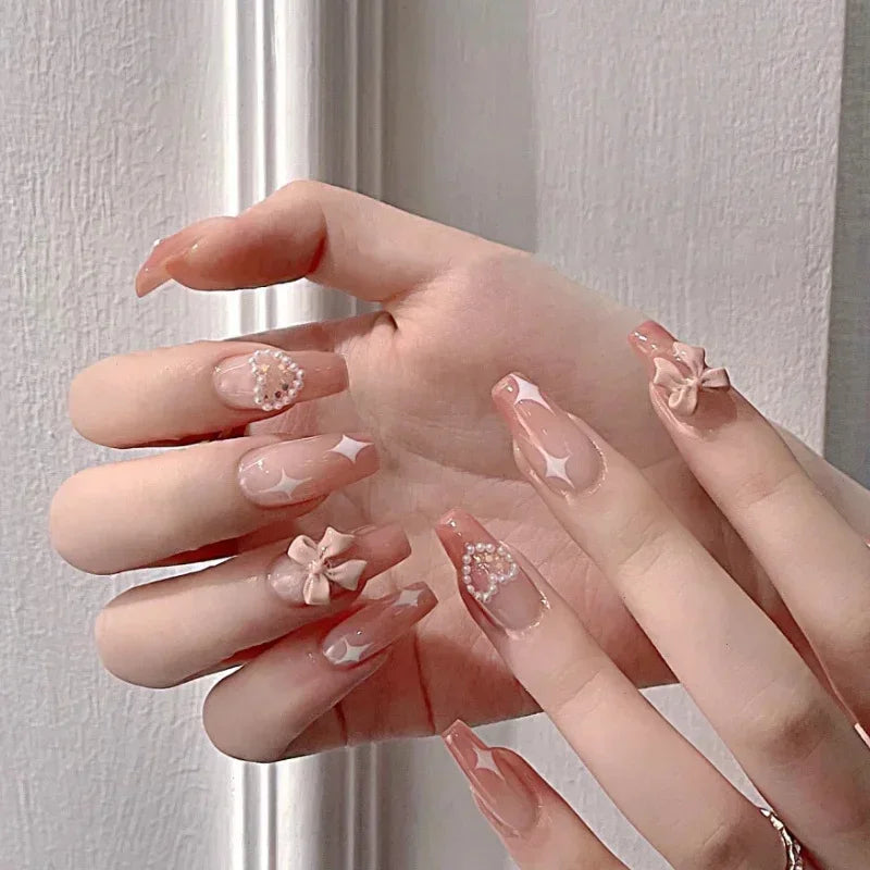 Pink Butterfly Press-On Nails | Long Full Cover False Nail Set