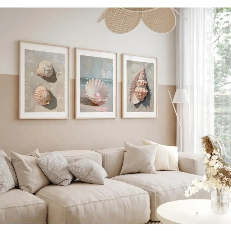 Pink Seashell Starfish Beach Canvas Wall Art | Coastal Decor