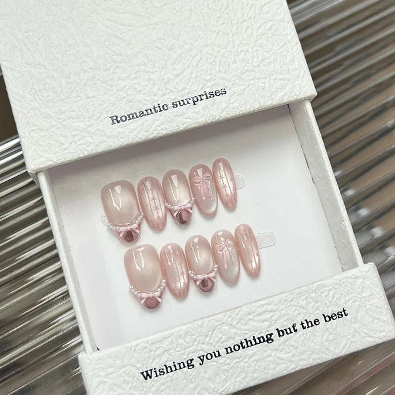 Handmade Sweet Bow Press-On Nails – Cat Eye French Almond | 10pcs