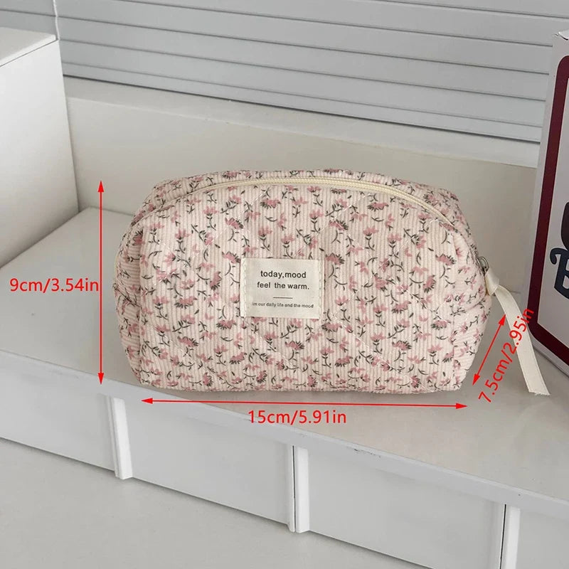 Corduroy Floral Cosmetic Bag – Pink Flower Makeup Pouch