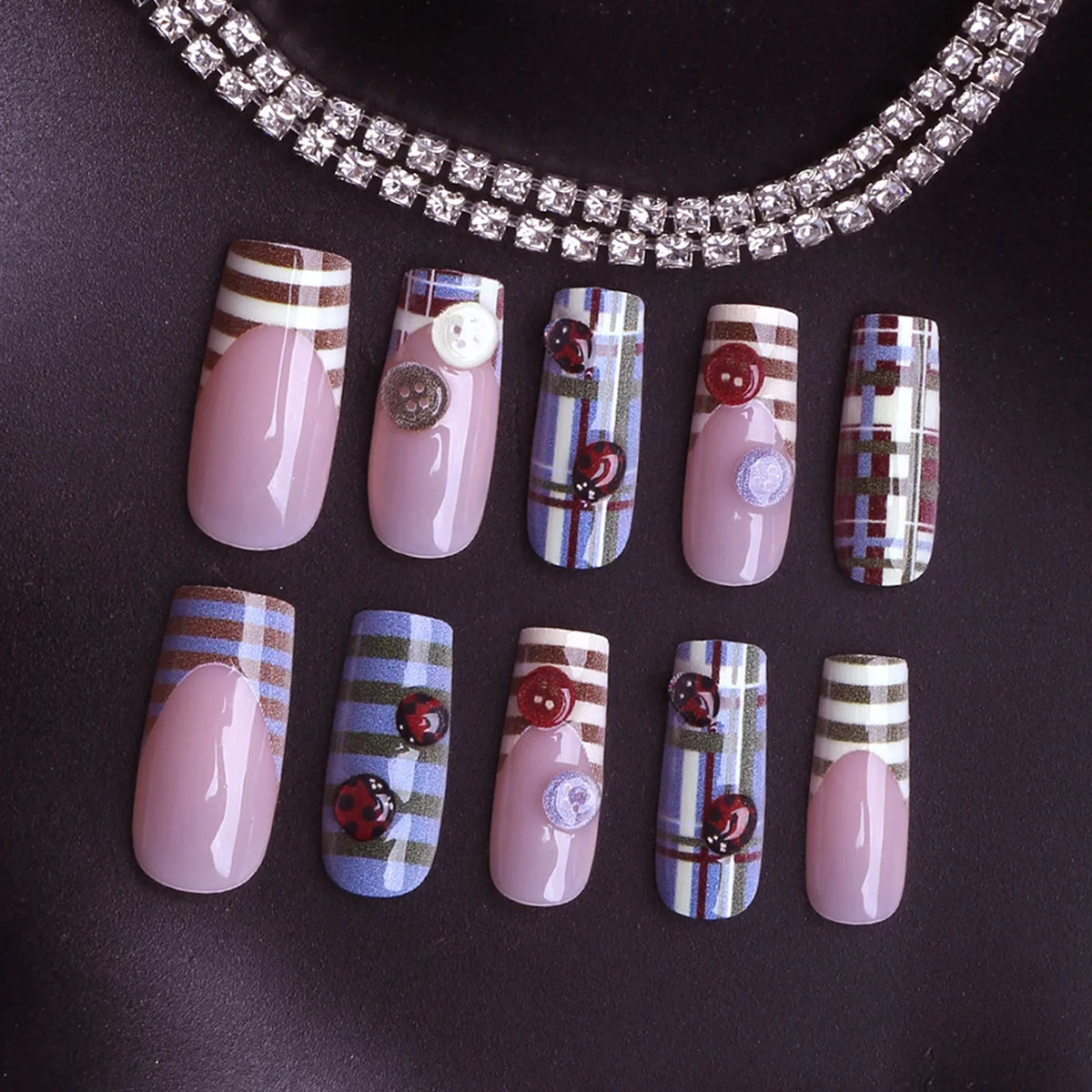 24pc 3D Ladybug Press On Nails – French Striped Y2K Style