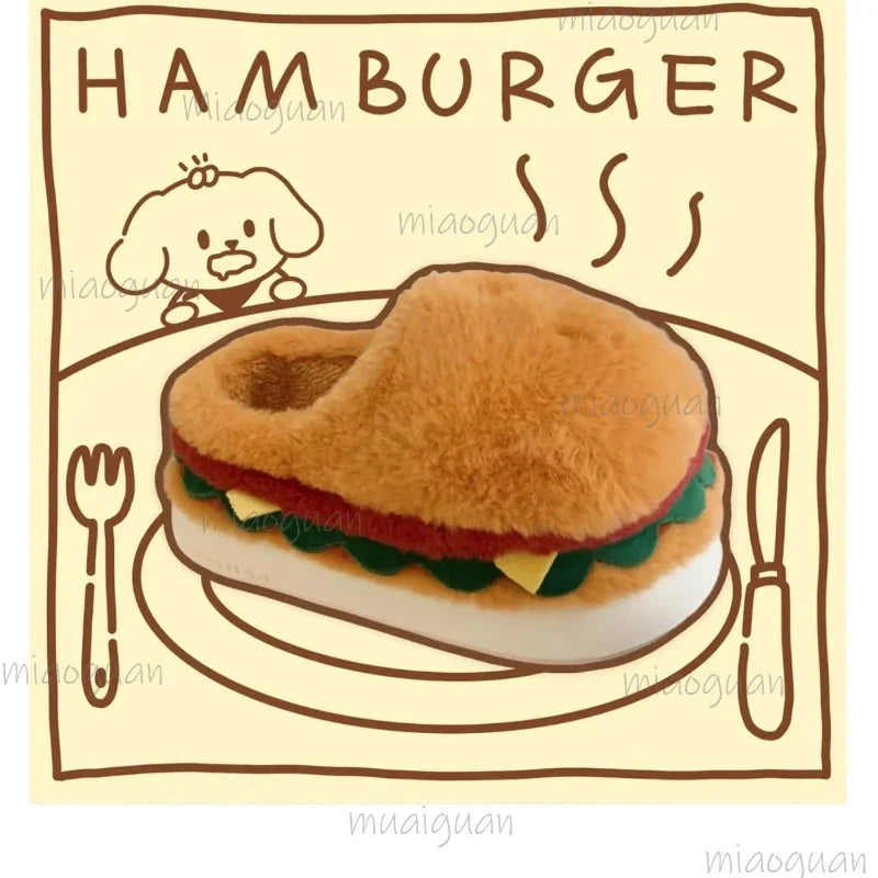 Women's Cartoon Hamburger Plush Platform Slippers | Fluffy
