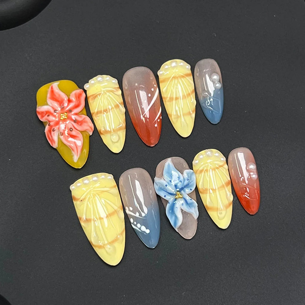 Handmade Press On Nails 3D Tropical Flower Almond | 10pcs Set