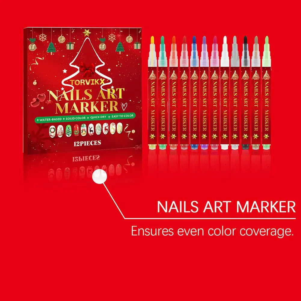12-Piece Christmas Nail Art Pen Set – Fine Tip Quick-Dry