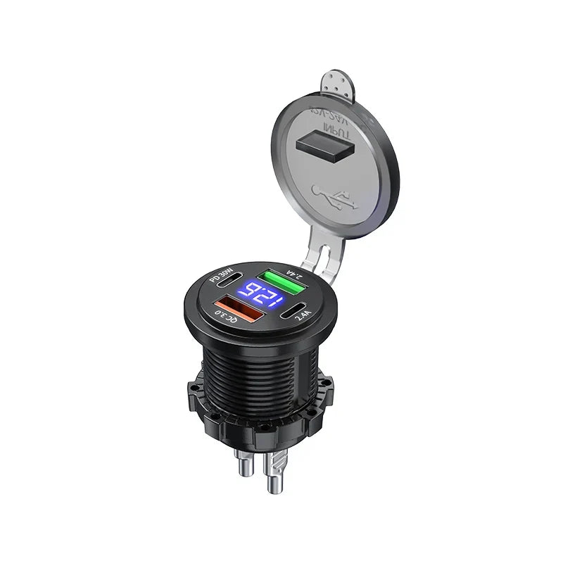 4-Port Car Charger Socket Dual USB-C & USB-A 96W + Voltmeter