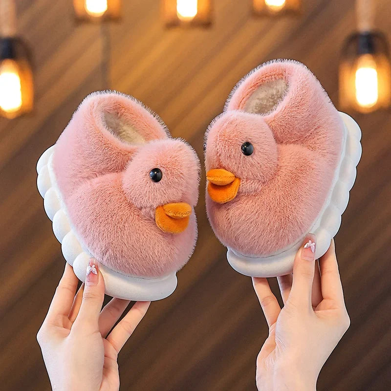 Kids Kawaii Duckling Fuzzy Slippers – Warm Winter Fur Slides