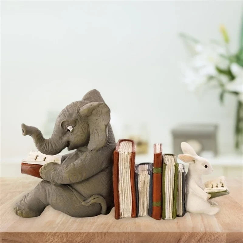 Elephant & Rabbit Reading Bookend – Resin Animal Statue Decor