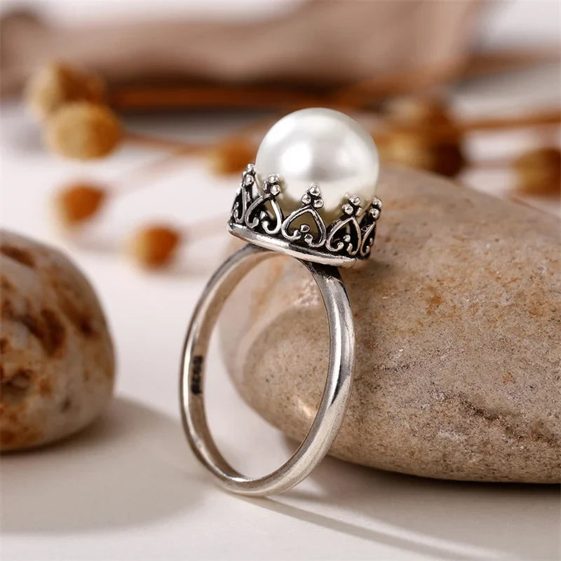 Huitan Vintage Imitation Pearl Ring Women – Antique Silver