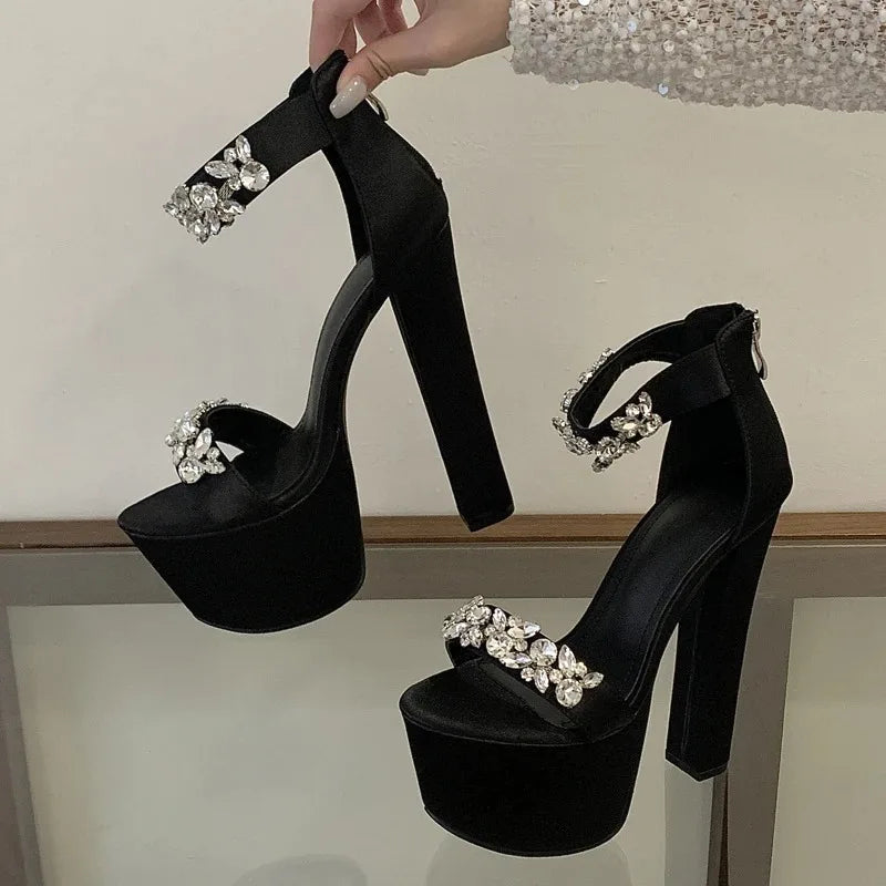 Women's Crystal Diamond Peep Toe Square Heel Platform Sandals