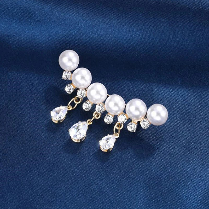 Elegant White Crystal Pearl Brooch | Gold Rhinestone Tassel Pin